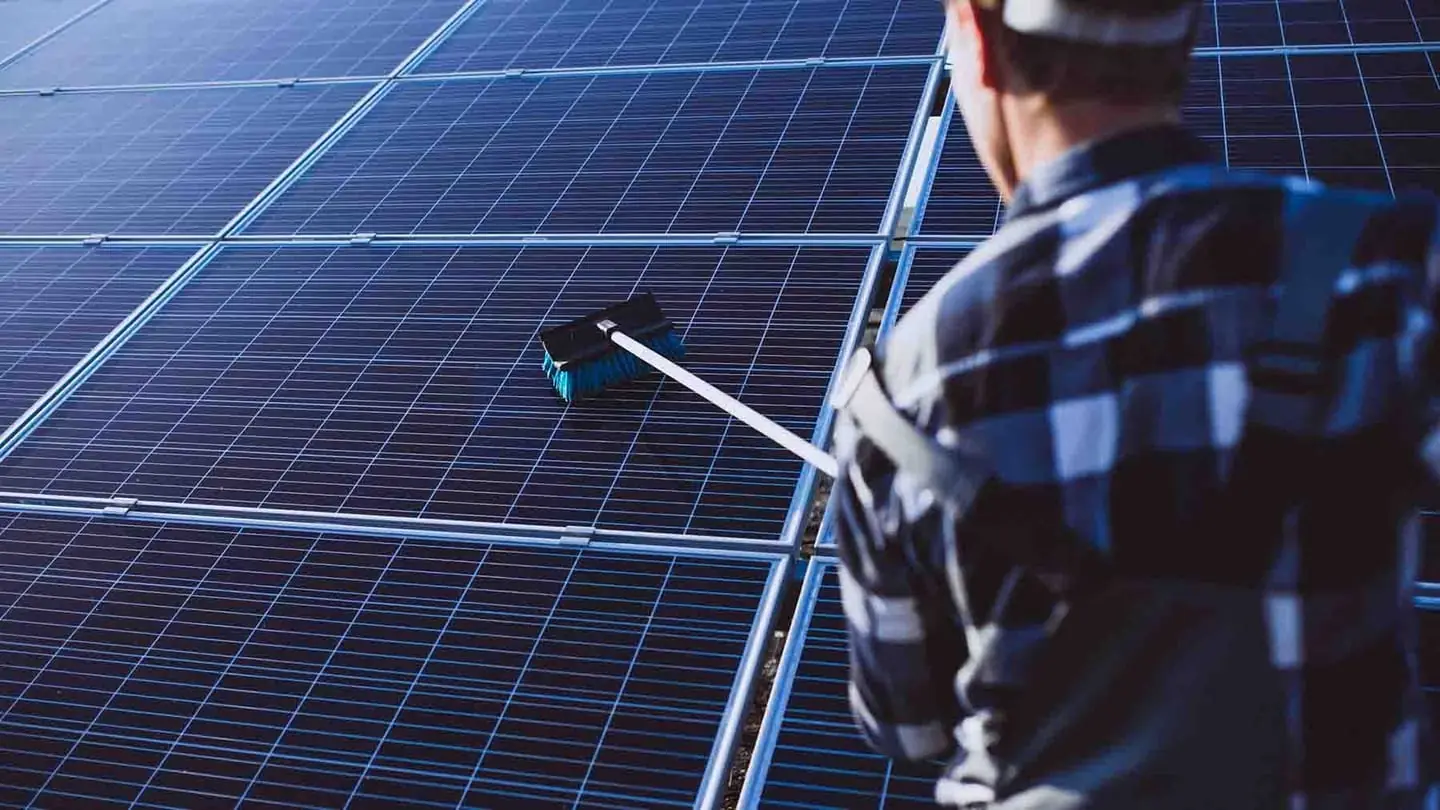 Reinigung einer Photovoltaikanlage mit einer Bürste an einer langen Stange.