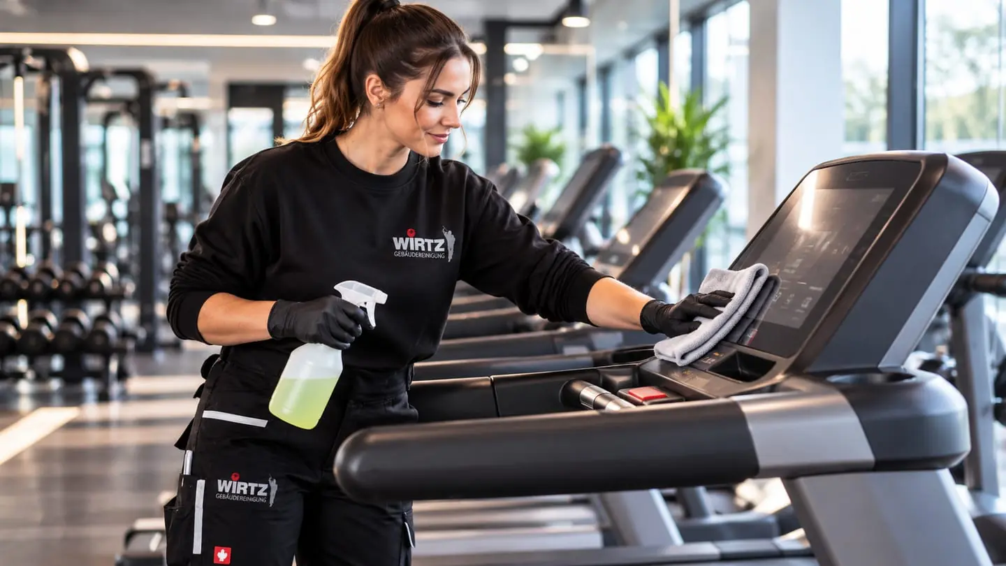 Eine Mitarbeiterin reinigt die Konsole eines Laufbands in einem Fitnessstudio.