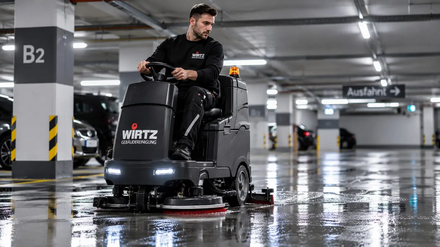 Ein Mitarbeiter reinigt den Boden einer Tiefgarage mit einer Aufsitz-Scheuersaugmaschine.