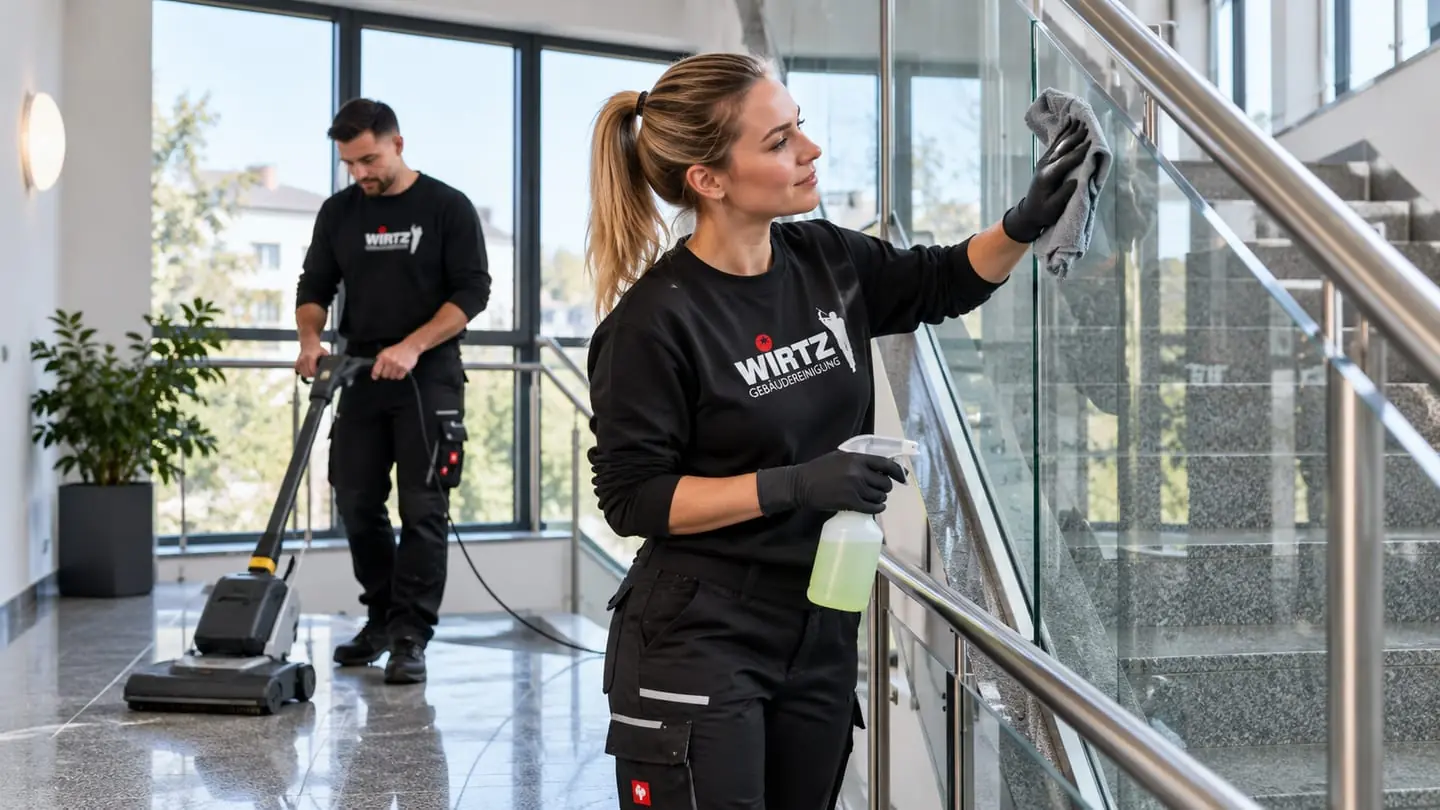 Eine Mitarbeiterin reinigt ein Glasgeländer im Treppenhaus, ein Kollege pflegt den Boden mit einer Maschine.