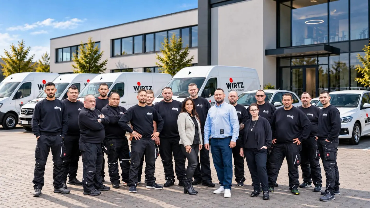 Das Team der WIRTZ Gebäudereinigung in Arbeitskleidung vor den Firmenwagen und einem Bürogebäude.