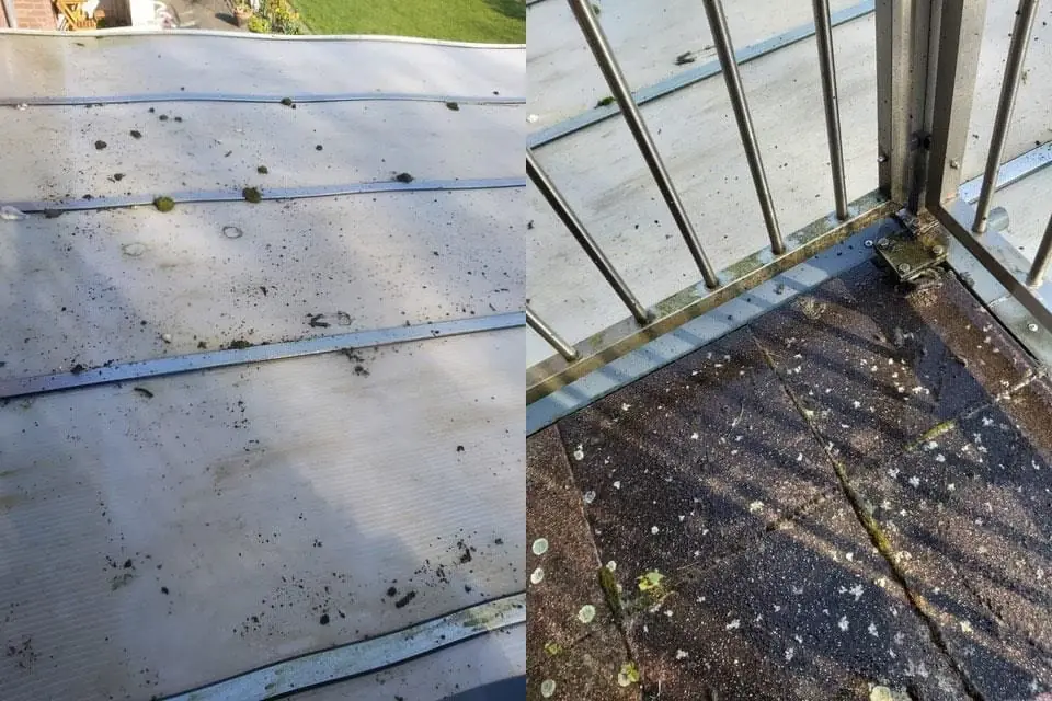 Vorher: Wintergartendach und Balkonboden, je zwei Ansichten